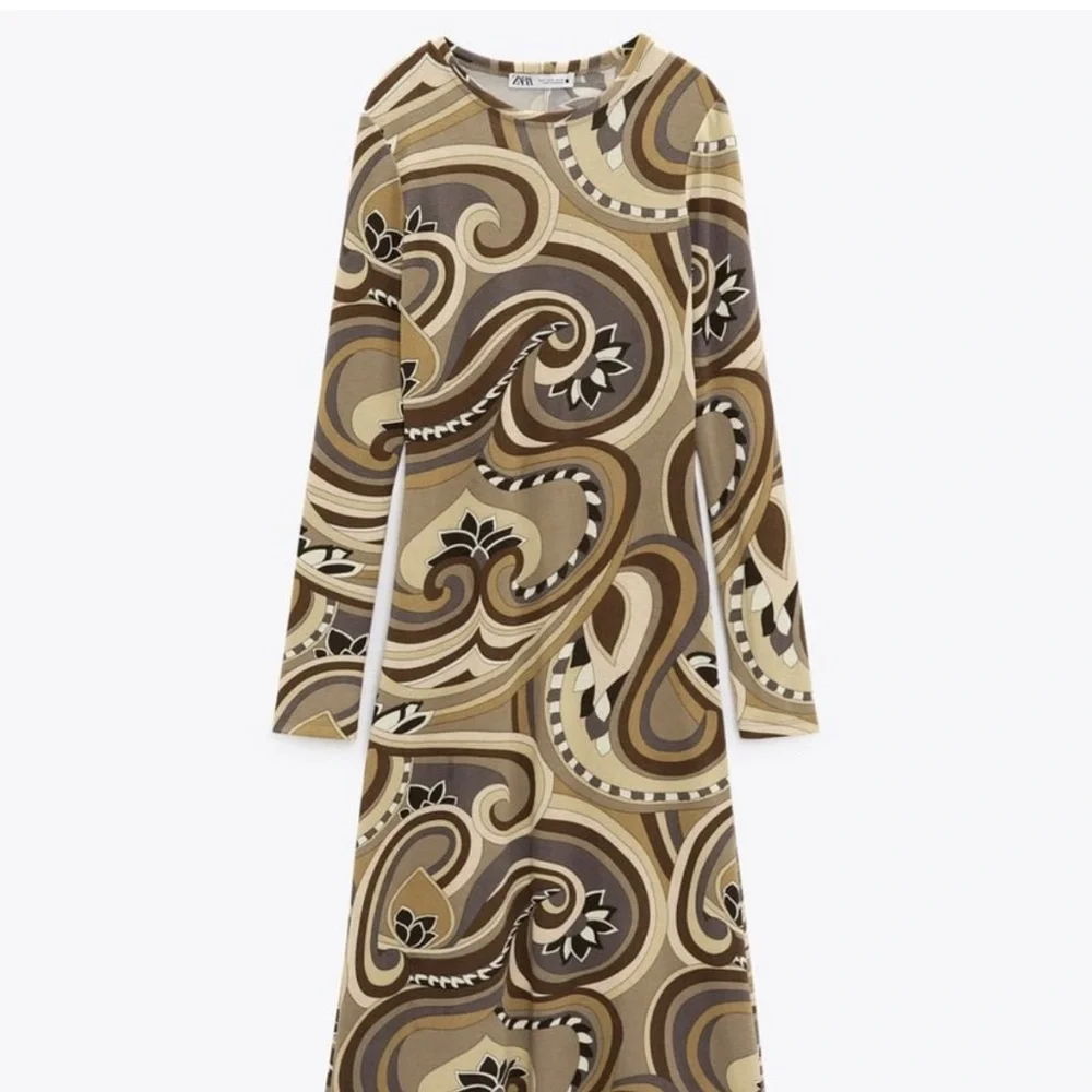 Zara Elegant Brown Patterned Long Sleeve Dress Medium - Picture 3 of 8